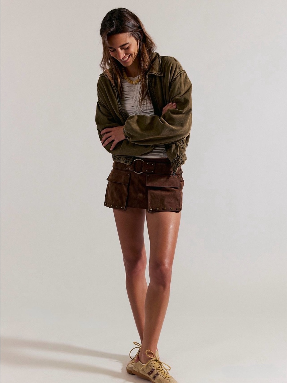 We The Free Micro Mini Suede Cargo Skort Shaved Chocolate
